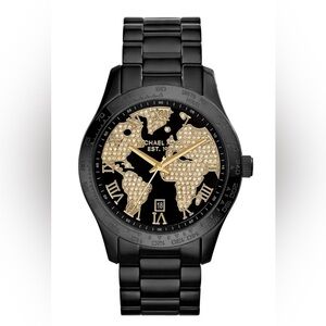 Michael Kors Layton MK6091 Black stainless steel world map Swiss quartz watch